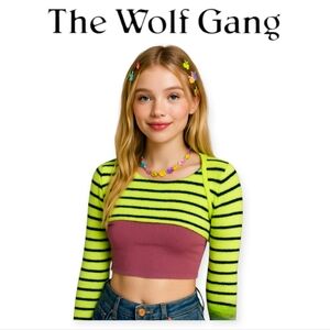 The Wolf Gang Fuzzy Shrug Lime Black Cream Striped Cozy Medium NWT Layering Top